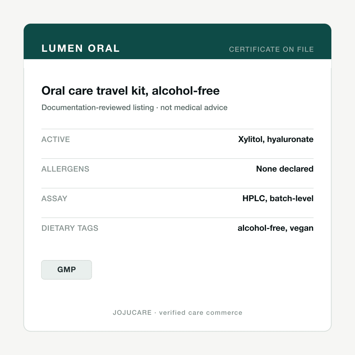 Oral care travel kit, alcohol-free