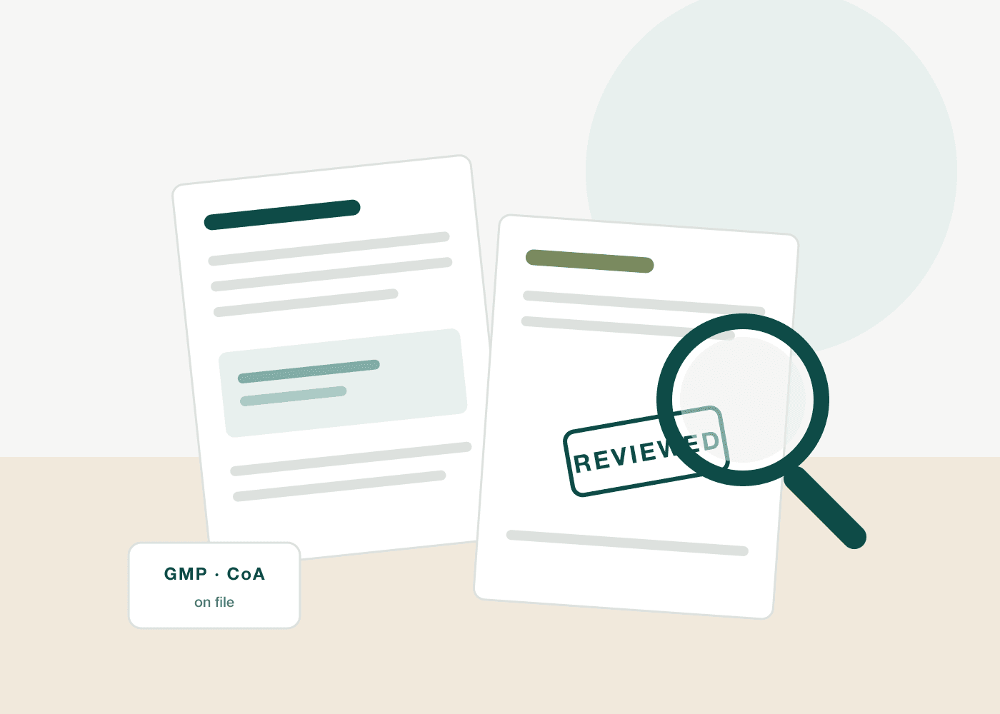 Advisor review desk — documents, magnifier and a REVIEWED stamp