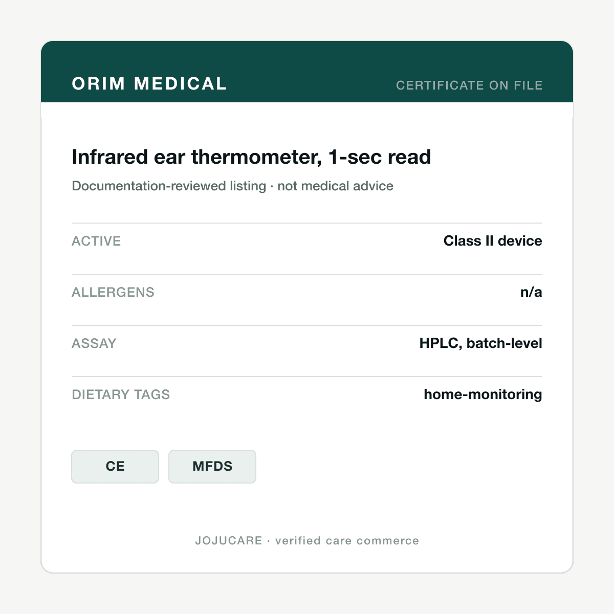 Infrared ear thermometer, 1-sec read — ingredient label