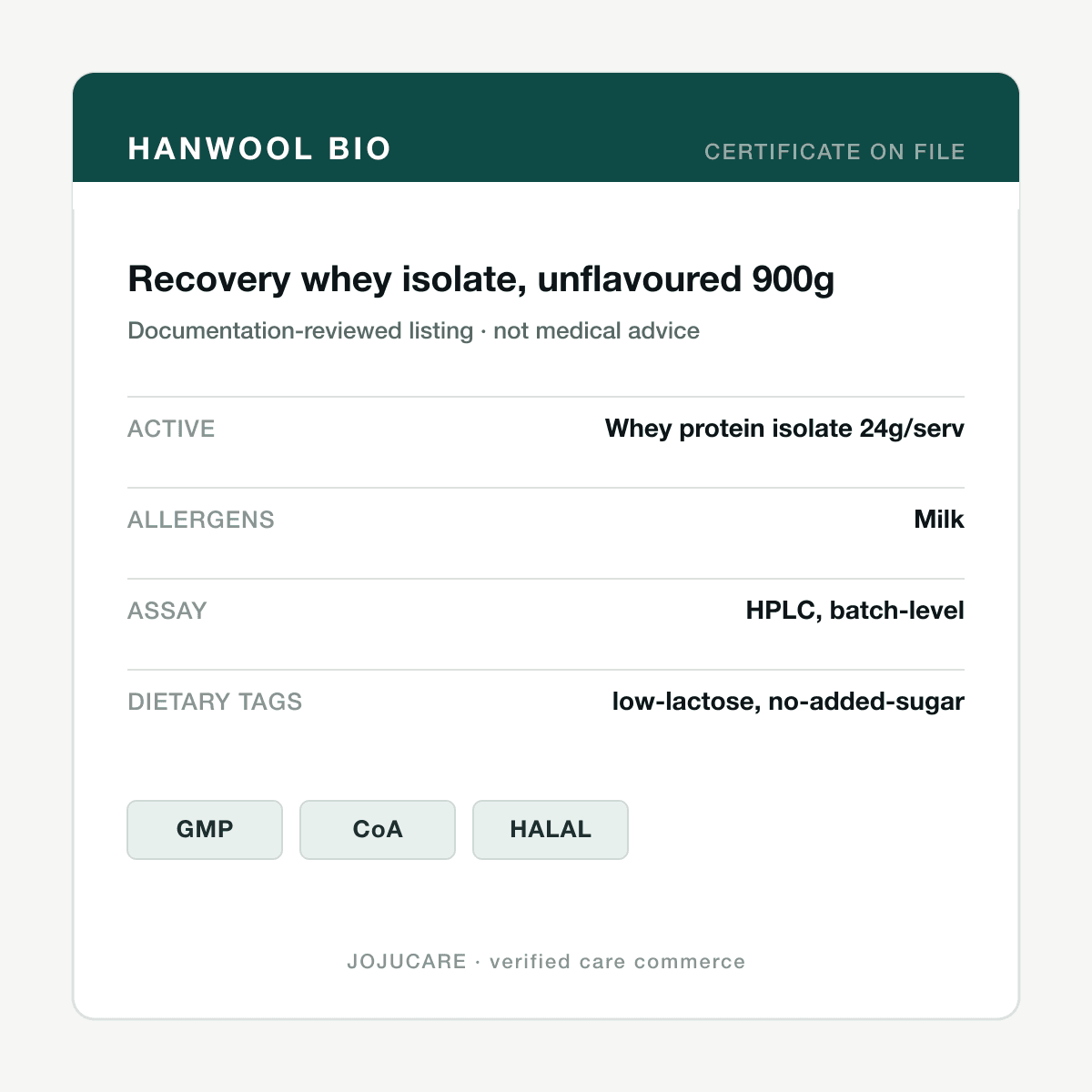 Recovery whey isolate, unflavoured 900g — ingredient label